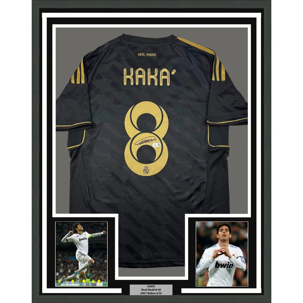 Framed Autographed Ricardo Kaka 35x39 Real Madrid Black Retro Soccer Futbol Jersey Beckett BAS COA | Hall of Fame Sports Memorabilia | vintageantiquesgifts.com