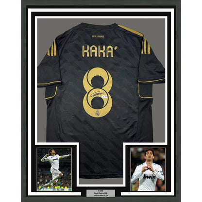 Framed Autographed Ricardo Kaka 35x39 Real Madrid Black Retro Soccer Futbol Jersey Beckett BAS COA | Hall of Fame Sports Memorabilia | vintageantiquesgifts.com