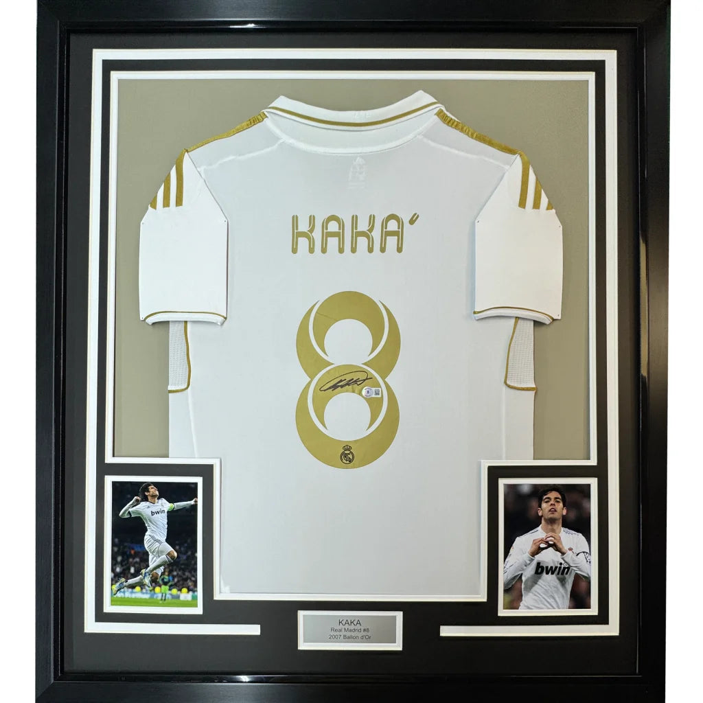 Framed signed Kaka Real Madrid white gold retro jersey with COA