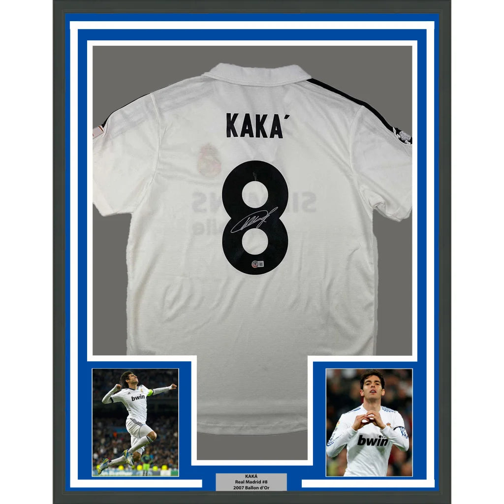 Professionally framed Ricardo Kaka Real Madrid autographed jersey with images of Kaka
