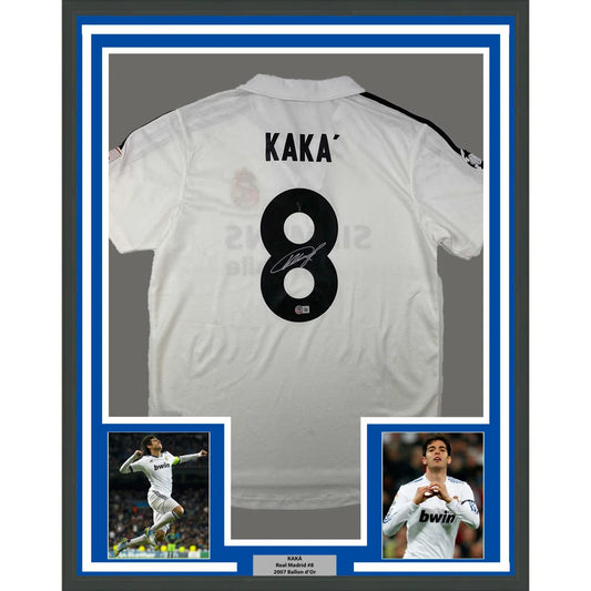 Framed Autographed Ricardo Kaka 35x39 Real Madrid White Soccer Futbol Jersey Beckett BAS COA | Hall of Fame Sports Memorabilia | vintageantiquesgifts.com
