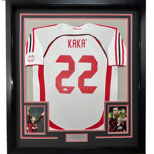 Framed Autographed Ricardo Kaka AC Milan 35x39 White Soccer Jersey Beckett BAS COA | Hall of Fame Sports Memorabilia | vintageantiquesgifts.com