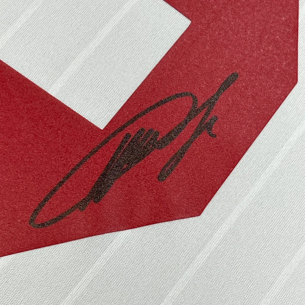 Framed autographed Ricardo Kaka AC Milan soccer jersey with black signature on red and white fabric, Beckett BAS COA