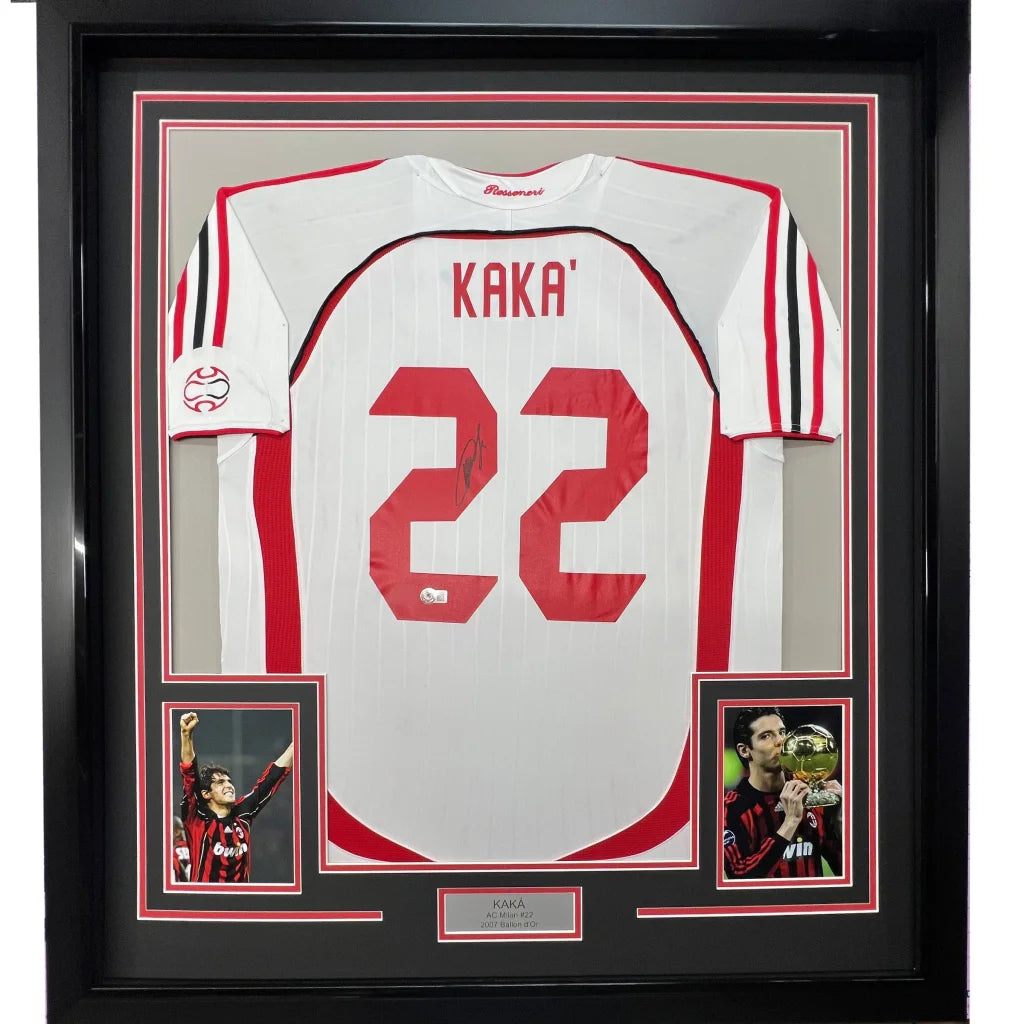 Framed white Kaka AC Milan jersey autographed with photos for display