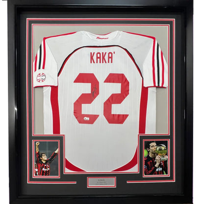 Framed white Kaka AC Milan jersey autographed with photos for display