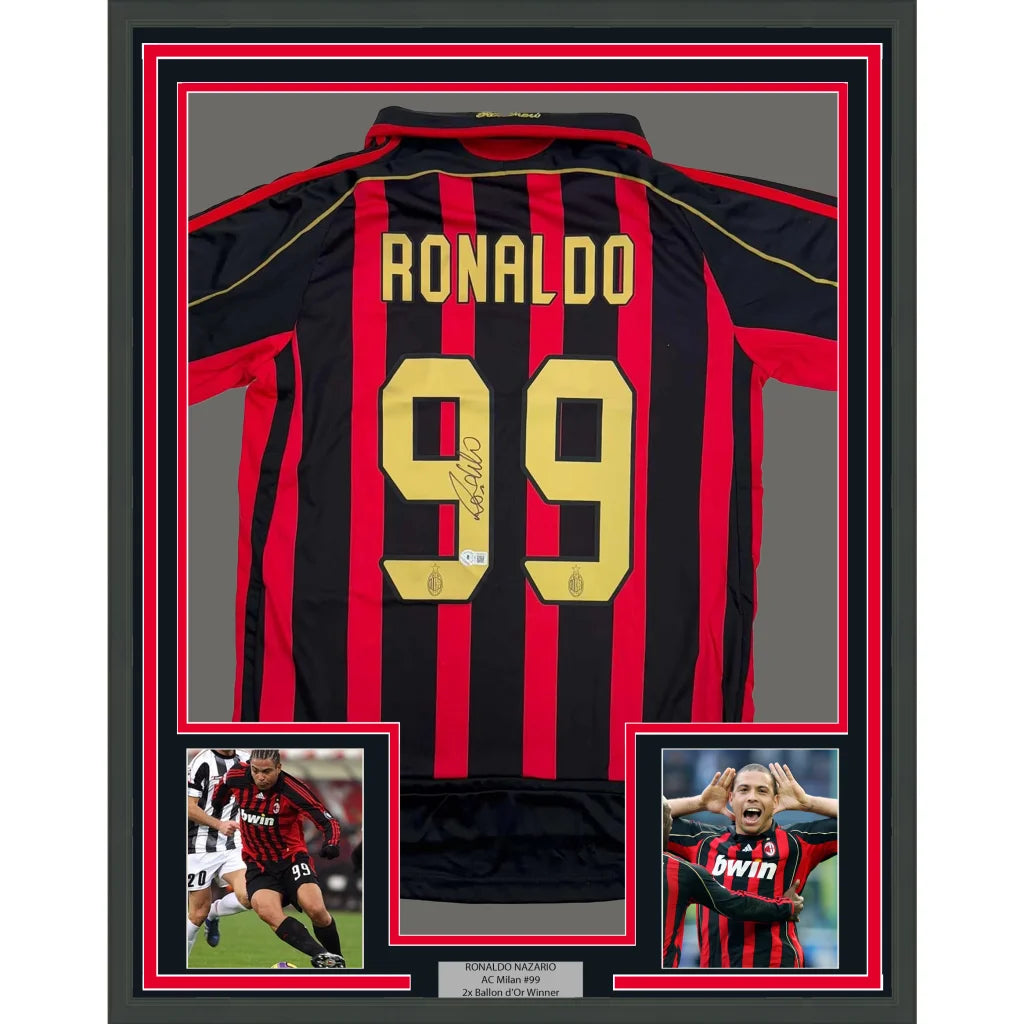 Framed autographed Ronaldo #99 AC Milan black red soccer jersey for your man cave