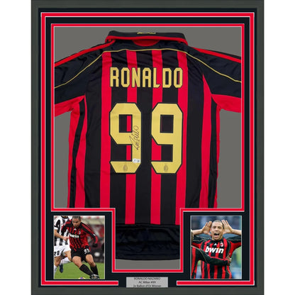 Framed autographed Ronaldo #99 AC Milan black red soccer jersey for your man cave