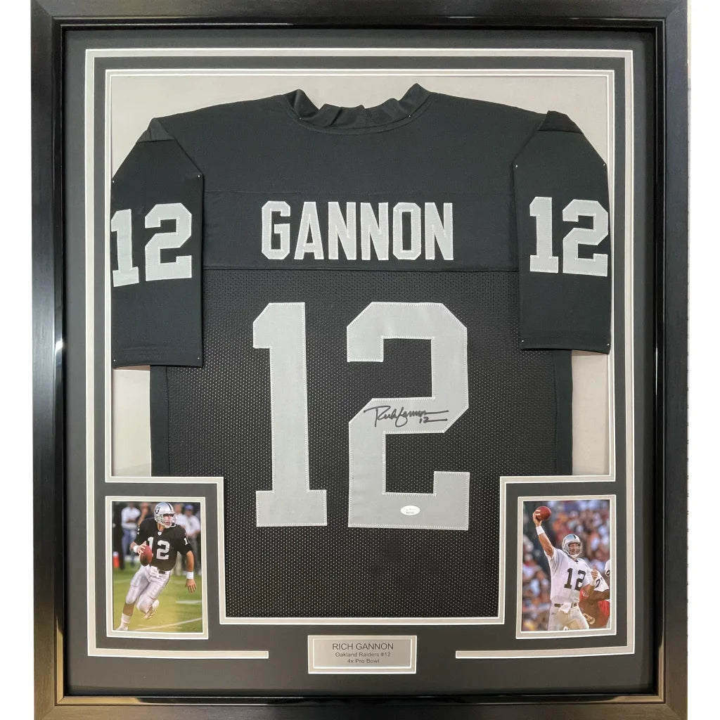 Framed autographed black and silver oakland raiders football jersey with gannon 12 signed by rich gannon with jsa coa