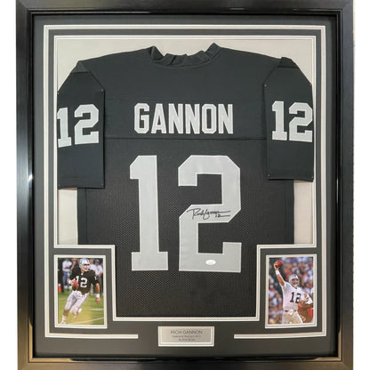 Framed autographed black and silver oakland raiders football jersey with gannon 12 signed by rich gannon with jsa coa
