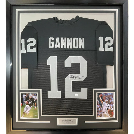 Framed autographed black and silver oakland raiders football jersey with gannon 12 signed by rich gannon with jsa coa