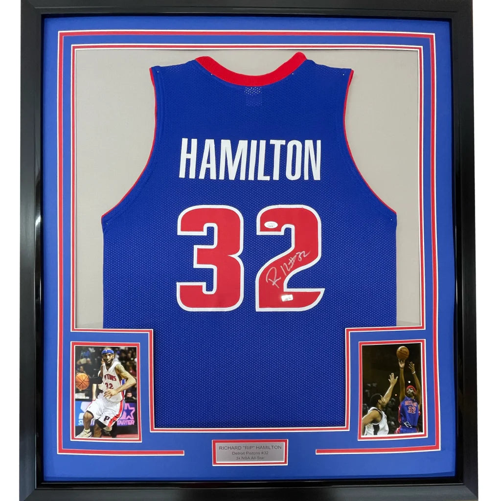 Framed Autographed Richard Rip Hamilton 35x39 Detroit Blue Basketball Jersey JSA COA | Hall of Fame Sports Memorabilia | vintageantiquesgifts.com