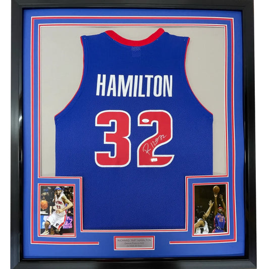 Framed Autographed Richard Rip Hamilton 35x39 Detroit Blue Basketball Jersey JSA COA | Hall of Fame Sports Memorabilia | vintageantiquesgifts.com