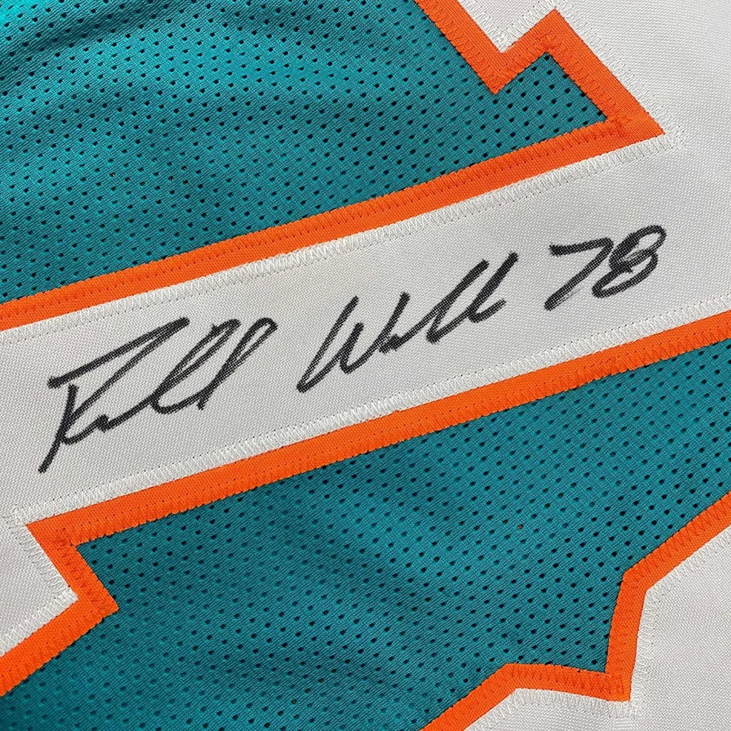 Framed Autographed Richmond Webb 35x39 Miami Teal Football Jersey JSA COA | Certified Authentic Signed Memorabilia | vintageantiquesgifts.com