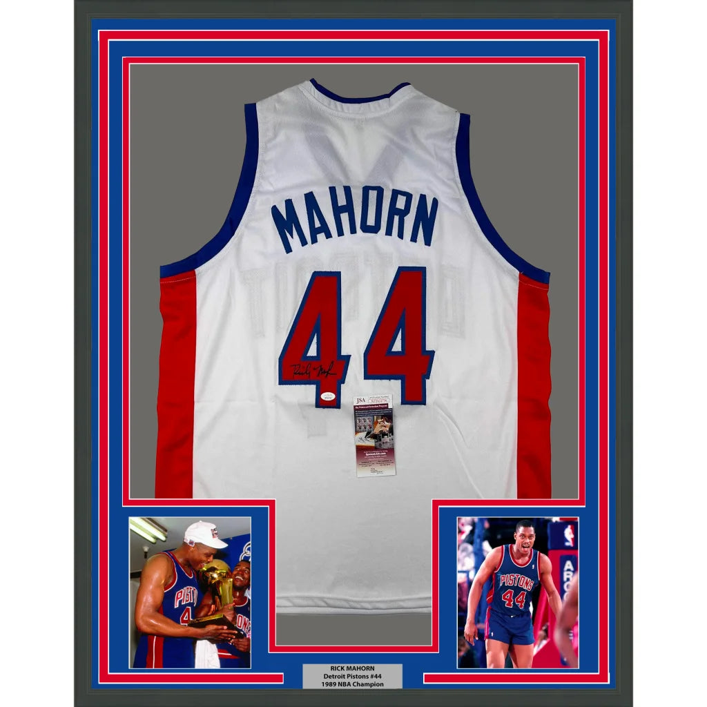 Framed Autographed Rick Mahorn 35x39 Detroit White Basketball Jersey JSA COA | Hall of Fame Sports Memorabilia | vintageantiquesgifts.com