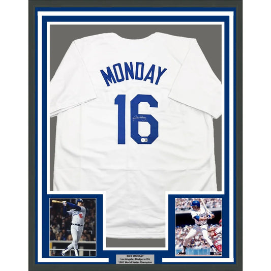 Framed autographed Rick Monday white LA Dodgers jersey with blue Monday 16