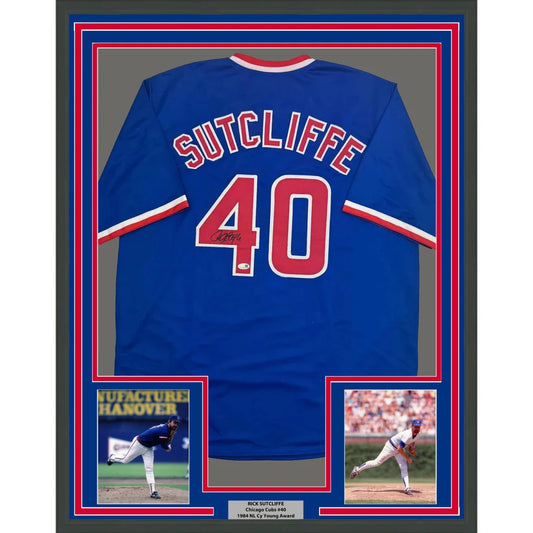 Framed Autographed Rick Sutcliffe 35x39 Chicago Blue Baseball Jersey Beckett BAS COA | Hall of Fame Sports Memorabilia | vintageantiquesgifts.com
