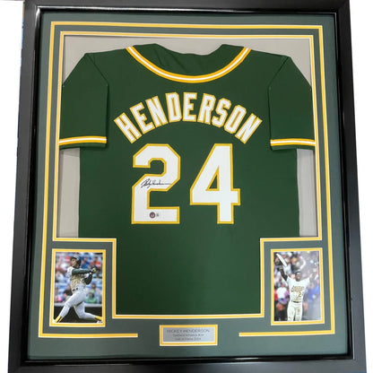 Framed Rickey Henderson signed baseball jersey with autographs and photos for display