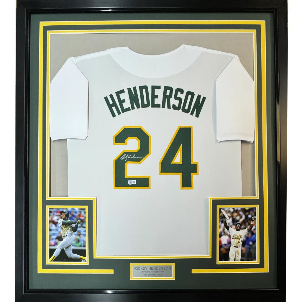 Framed autographed Rickey Henderson Oakland white jersey with name and number, Beckett COA