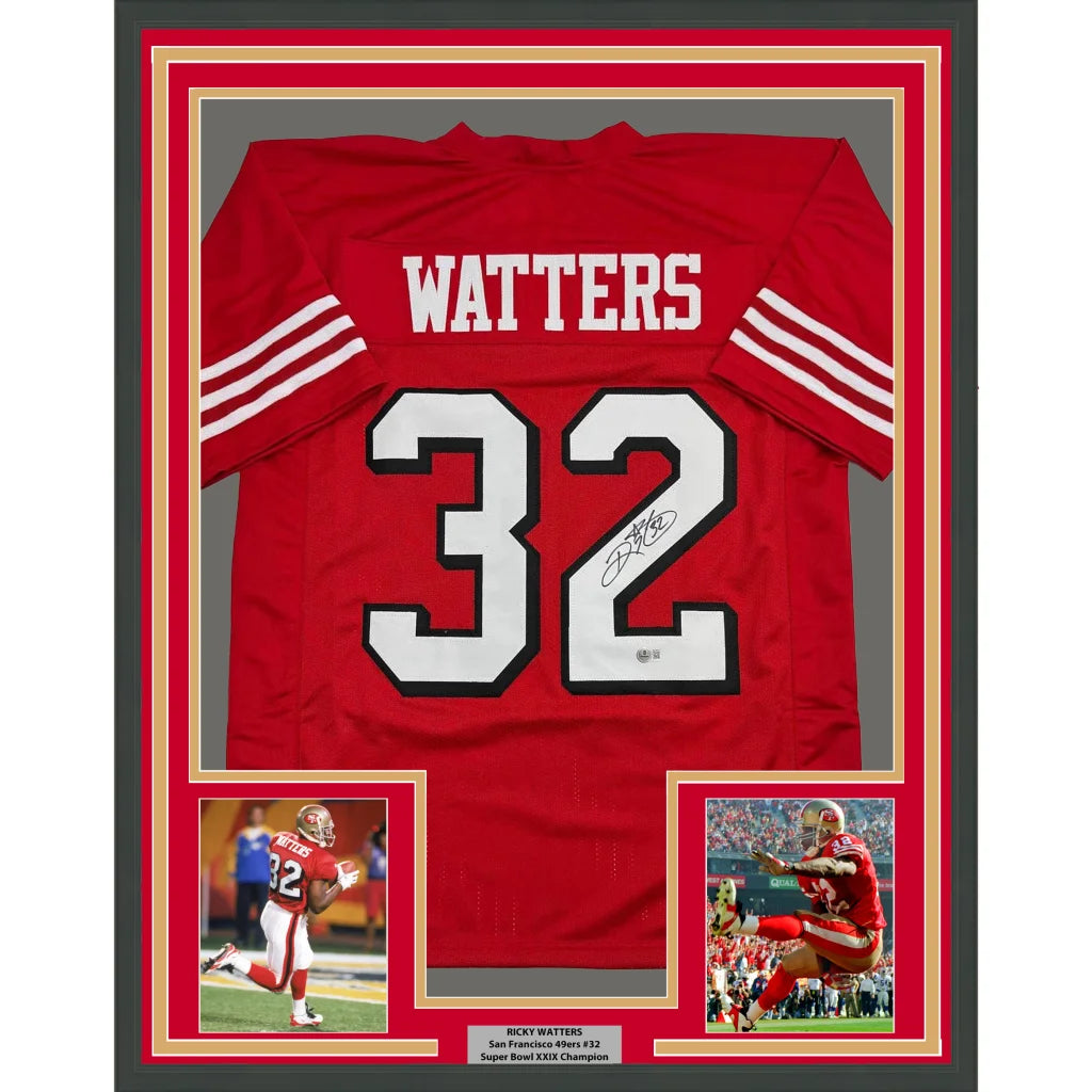 Framed Ricky Watters San Francisco 49ers autographed jersey with action photos and plaque for man cave display