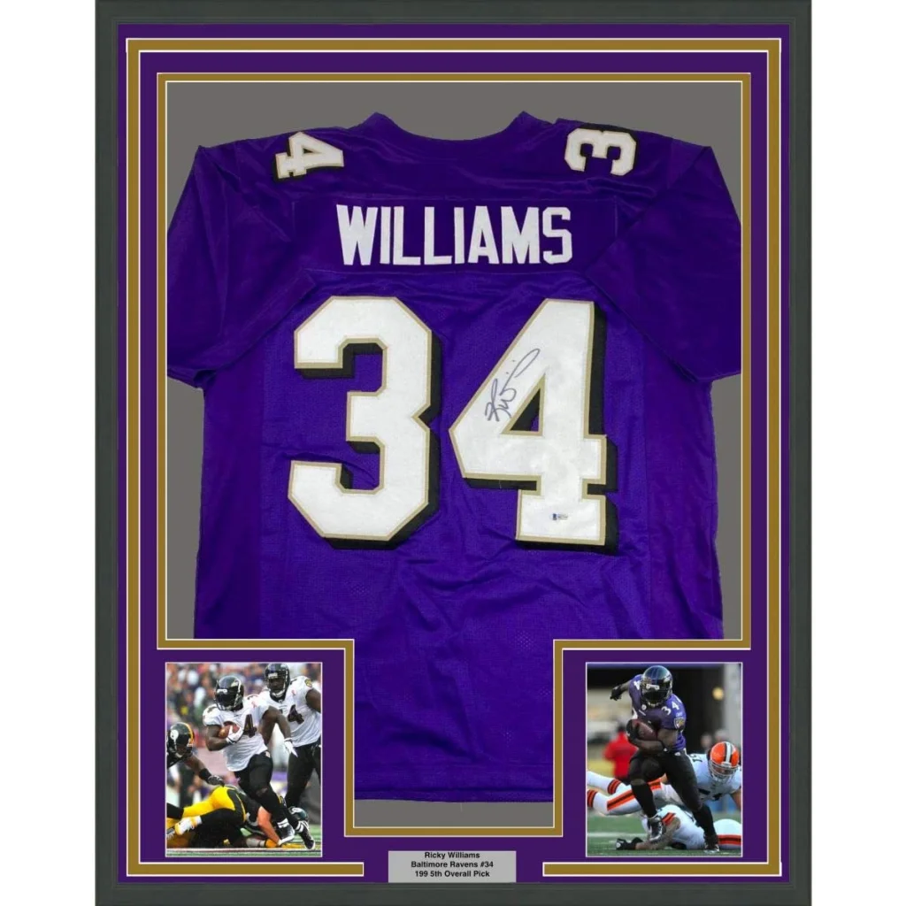 Autographed Purple Williams 34 Football Jersey with Action Photos in Display