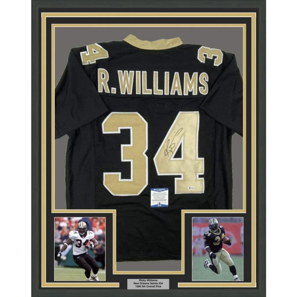 Framed Autographed Ricky Williams 35x39 New Orleans Black Football Jersey Beckett BAS COA | Hall of Fame Sports Memorabilia | vintageantiquesgifts.com