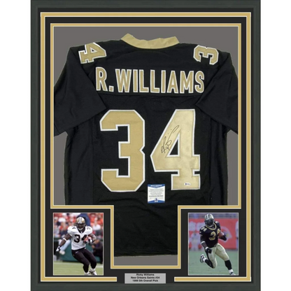 Framed Autographed Ricky Williams 35x39 New Orleans Black Football Jersey Beckett BAS COA | Hall of Fame Sports Memorabilia | vintageantiquesgifts.com