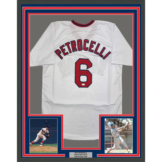 Framed Autographed Rico Petrocelli 35x39 HOF 1999 Boston White Baseball Jersey JSA COA | Hall of Fame Sports Memorabilia | vintageantiquesgifts.com