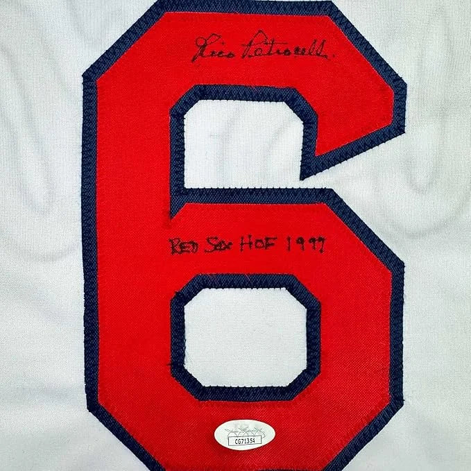 Red 6 embroidered patch with navy trim, Rico Petrocelli autograph on framed Boston jersey back