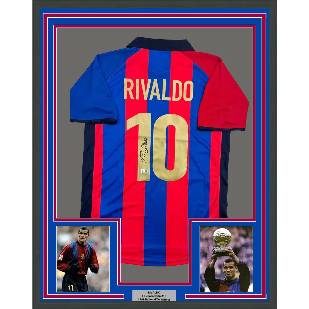 Framed autographed Rivaldo Ferreira FC Barcelona blue jersey Beckett BAS COA