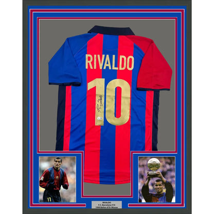Framed autographed Rivaldo Ferreira FC Barcelona blue jersey Beckett BAS COA