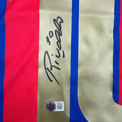 Framed autographed Rivaldo FC Barcelona blue soccer jersey with gold stripes, Beckett BAS COA