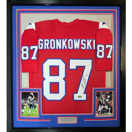 Framed Rob Gronkowski signed Patriots jersey with photos and memorabilia display