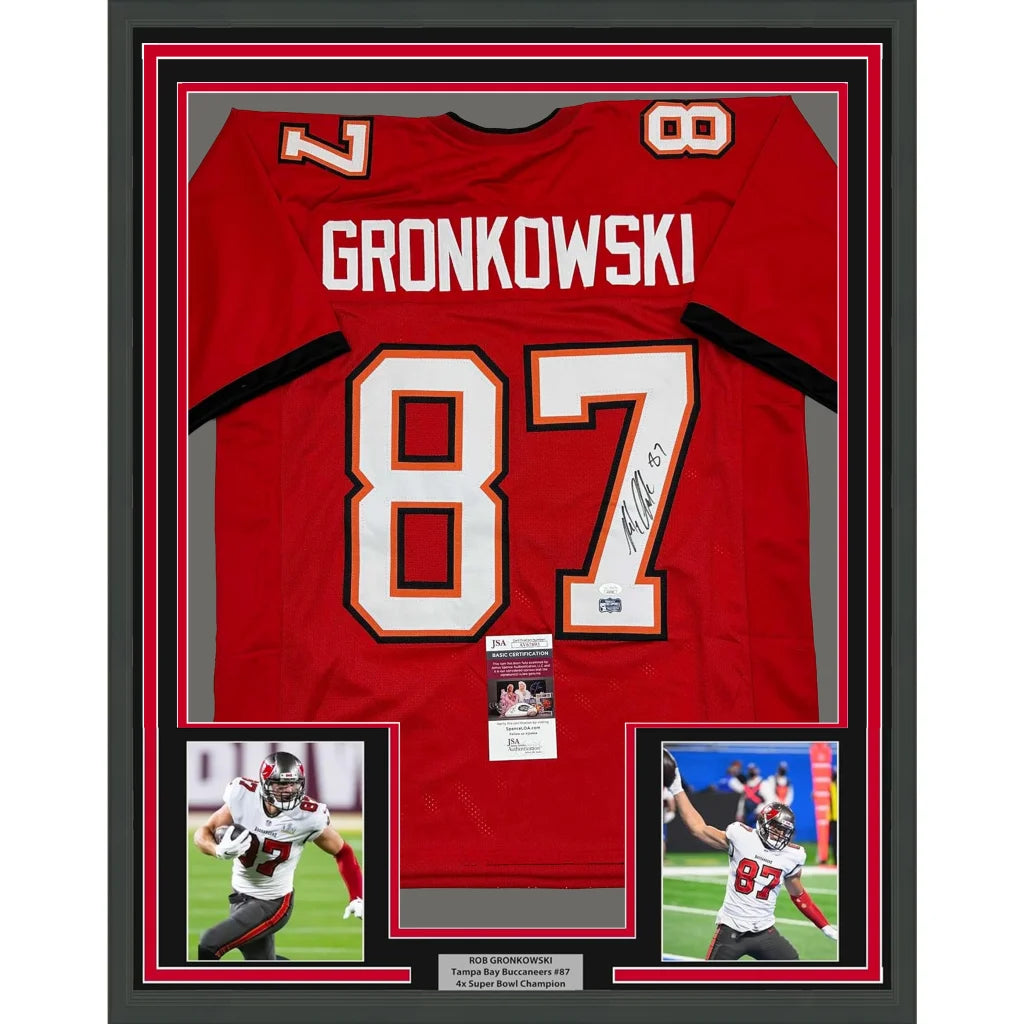 Framed Autographed Rob Gronk Gronkowski 35x39 Tampa Bay Red Football Jersey JSA COA | Hall of Fame Sports Memorabilia | vintageantiquesgifts.com