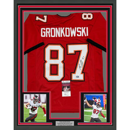 Framed Autographed Rob Gronk Gronkowski 35x39 Tampa Bay Red Football Jersey JSA COA | Hall of Fame Sports Memorabilia | vintageantiquesgifts.com