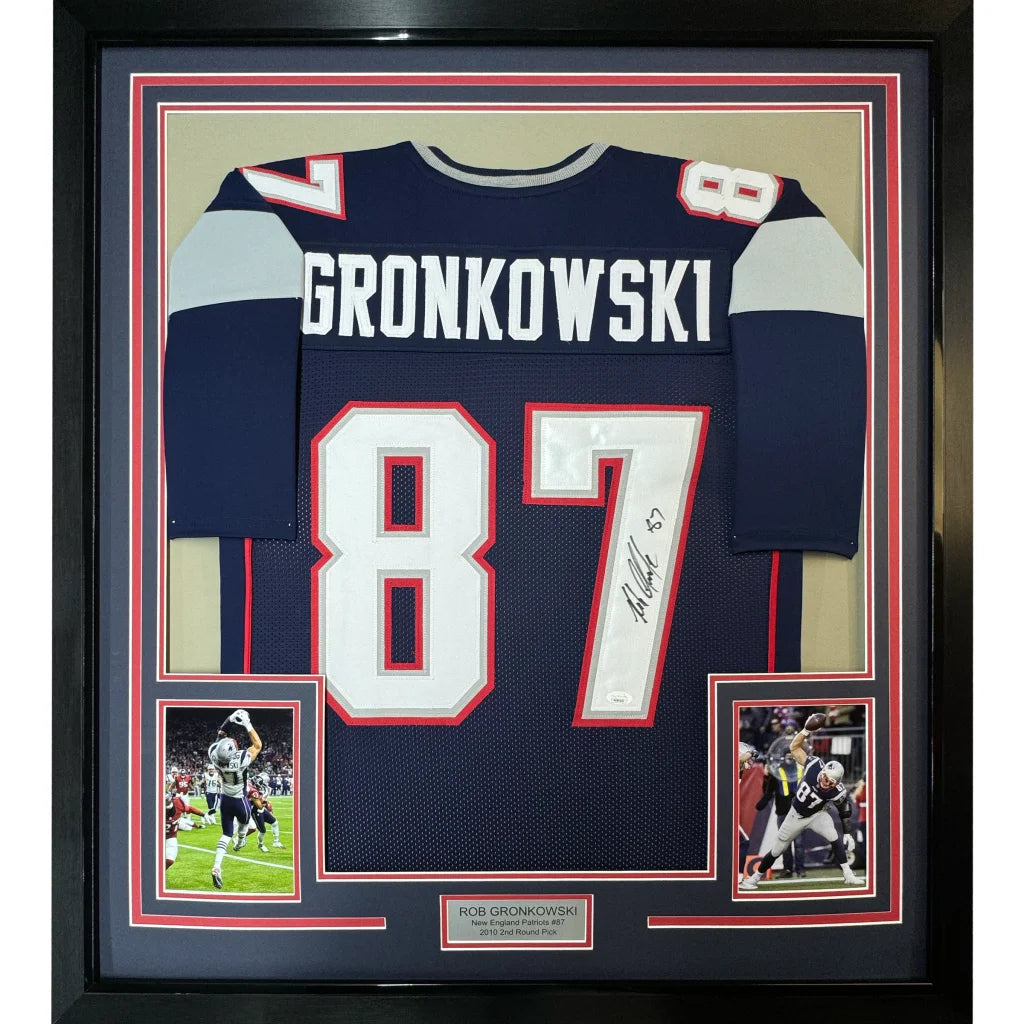 Professionally framed Rob Gronkowski Patriots jersey with Beckett BAS autograph display
