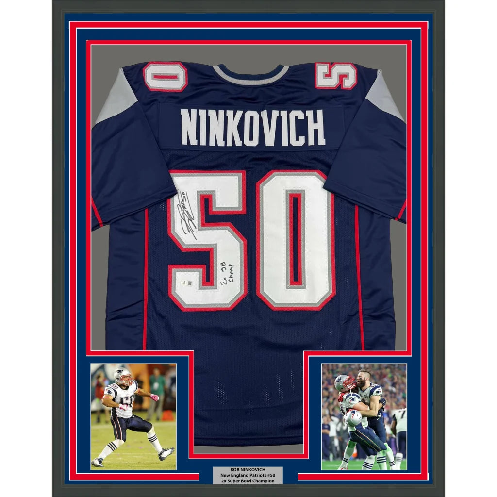 Framed Rob Ninkovich Patriots jersey with autographs, photos, and plaque for display