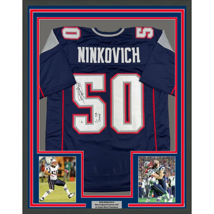 Framed Rob Ninkovich Patriots jersey with autographs, photos, and plaque for display