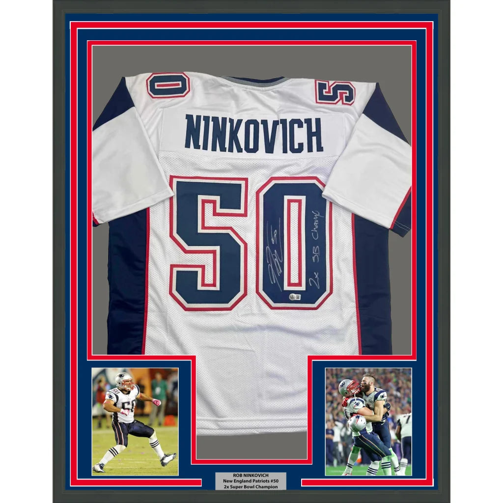 Framed Autographed Rob Ninkovich 2x SB Champ 35x39 New England White Football Jersey Beckett BAS COA | Hall of Fame Sports Memorabilia | vintageantiquesgifts.com