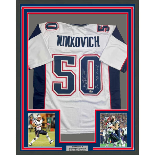 Framed Autographed Rob Ninkovich 2x SB Champ 35x39 New England White Football Jersey Beckett BAS COA | Hall of Fame Sports Memorabilia | vintageantiquesgifts.com
