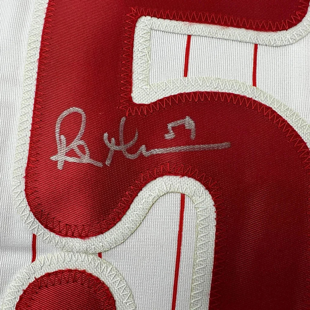 Autographed red and white pinstripe Rob Thomson jersey, professionally framed, Beckett BAS certified