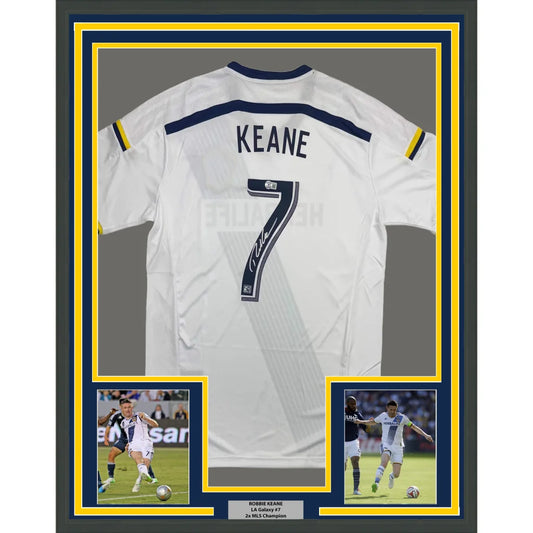 Framed Autographed Robbie Keane 35x39 LA Galaxy White Soccer Jersey Beckett BAS COA | Hall of Fame Sports Memorabilia | vintageantiquesgifts.com