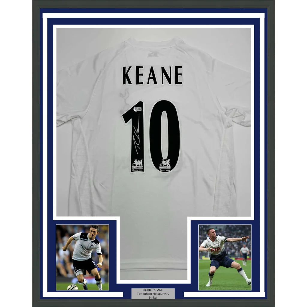 Framed Autographed Robbie Keane 35x39 Tottenham White Soccer Jersey Beckett BAS COA | Hall of Fame Sports Memorabilia | vintageantiquesgifts.com