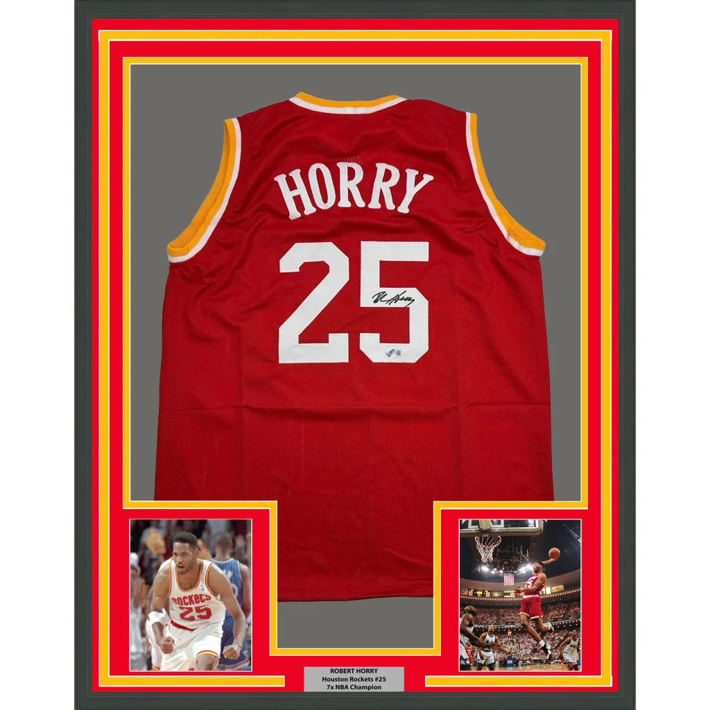 Framed Autographed Robert Horry 35x39 Houston Red Basketball Jersey Beckett BAS COA | Hall of Fame Sports Memorabilia | vintageantiquesgifts.com