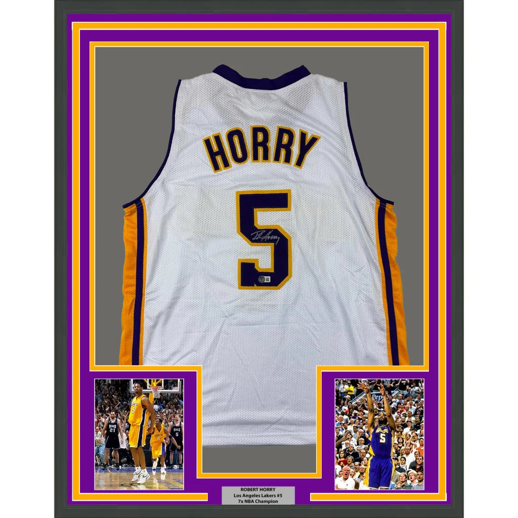 Framed autographed Robert Horry white Lakers jersey with name and number 5