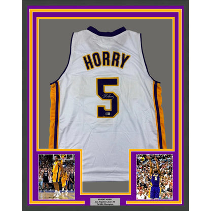 Framed autographed Robert Horry white Lakers jersey with name and number 5