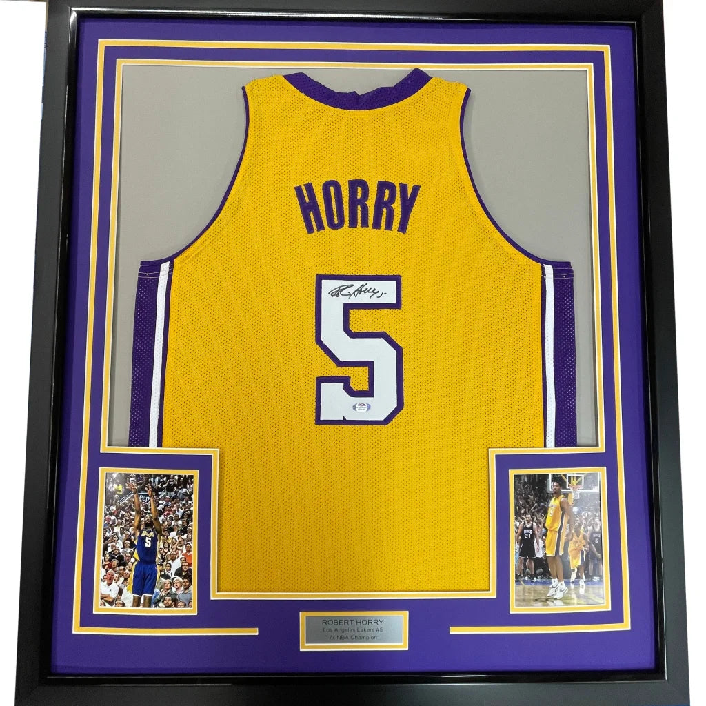 Framed Autographed Robert Horry 35x39 Los Angeles LA Yellow Basketball Jersey PSA/DNA COA | Hall of Fame Sports Memorabilia | vintageantiquesgifts.com