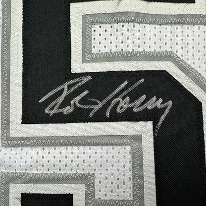 Framed autographed Robert Horry San Antonio white basketball jersey with silver stitched signature