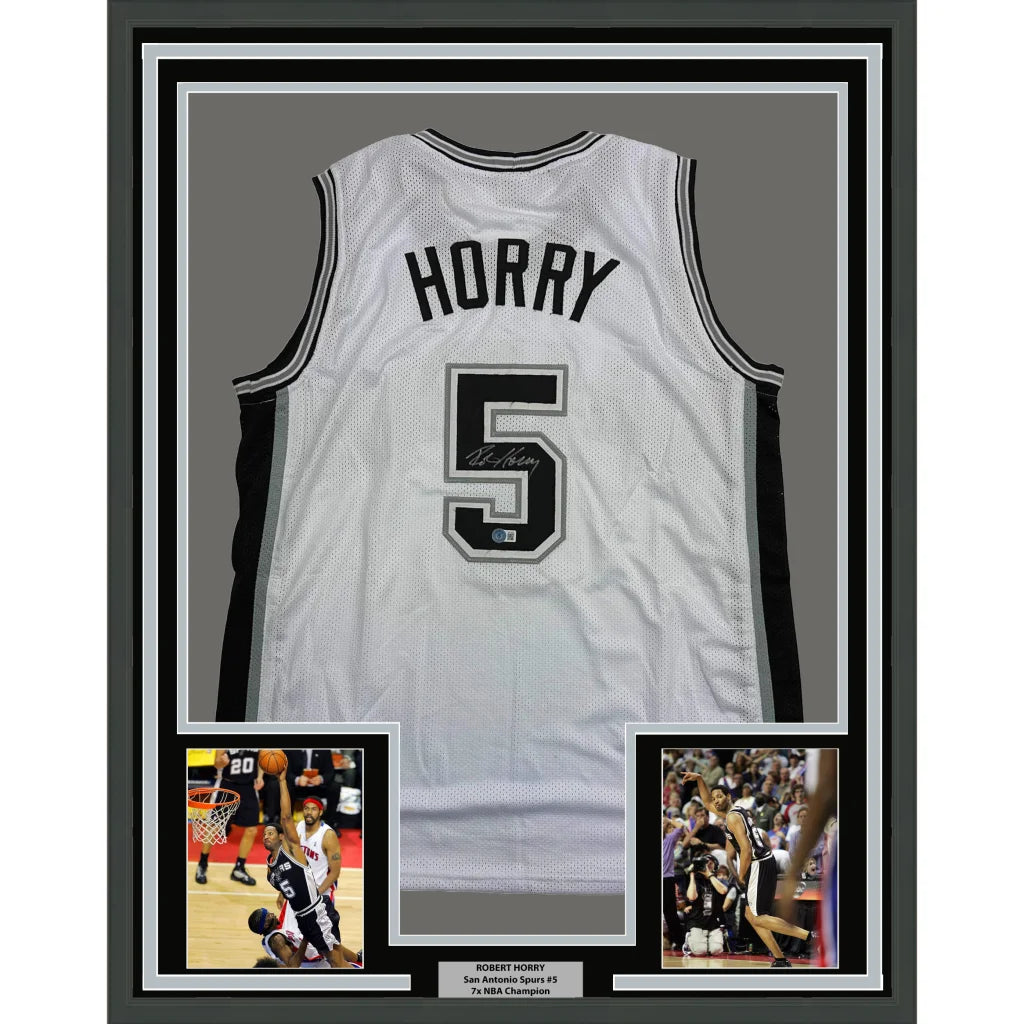 Framed autographed Robert Horry San Antonio Spurs white jersey back, Horry 5, Beckett BAS COA