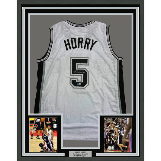 Framed Autographed Robert Horry 35x39 San Antonio White Basketball Jersey Beckett BAS COA | Hall of Fame Sports Memorabilia | vintageantiquesgifts.com
