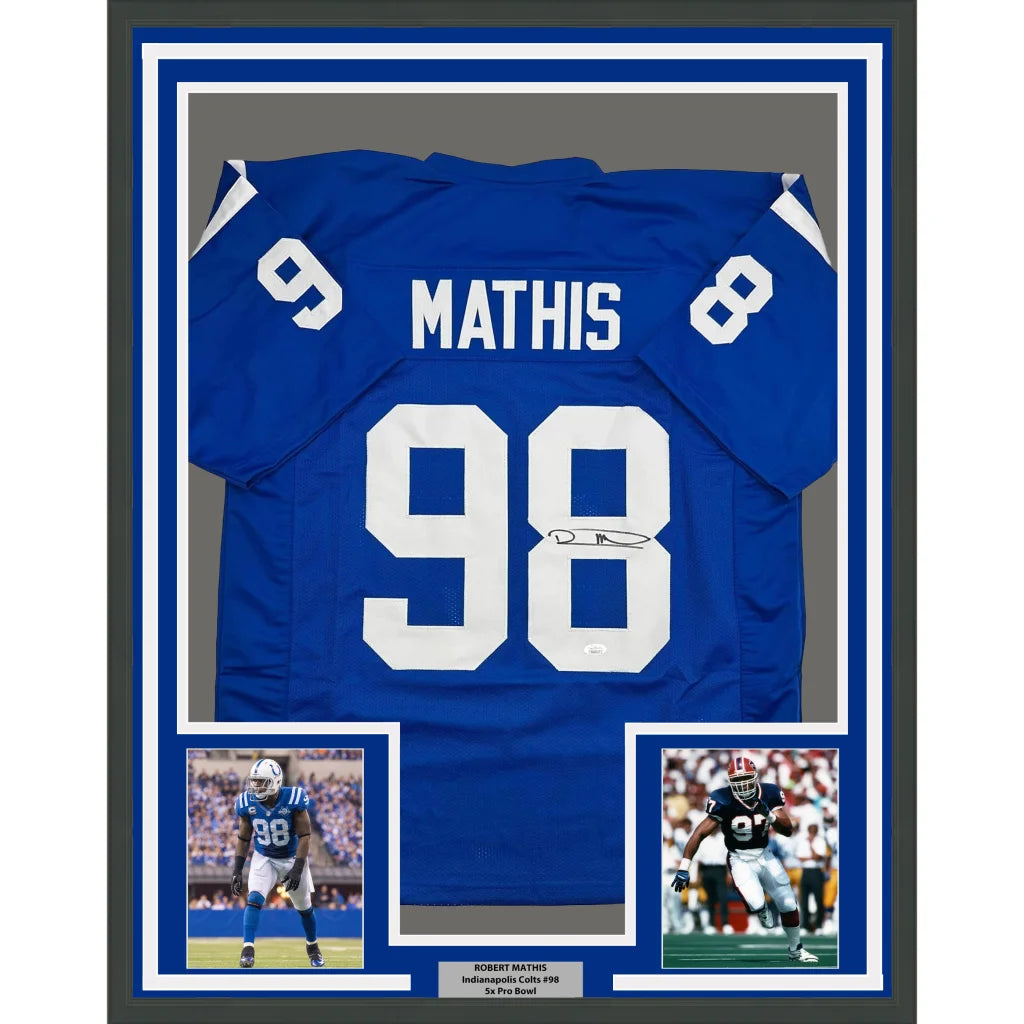 Framed Autographed Robert Mathis 35x39 Indianapolis Blue Football Jersey JSA COA | Hall of Fame Sports Memorabilia | vintageantiquesgifts.com